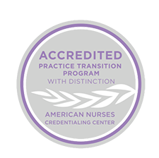 An accreditation badge from the American Nurses Credentaling Center that reads, "Accredited, practice transition program with disticntion. American Nurses Credentaling Center."